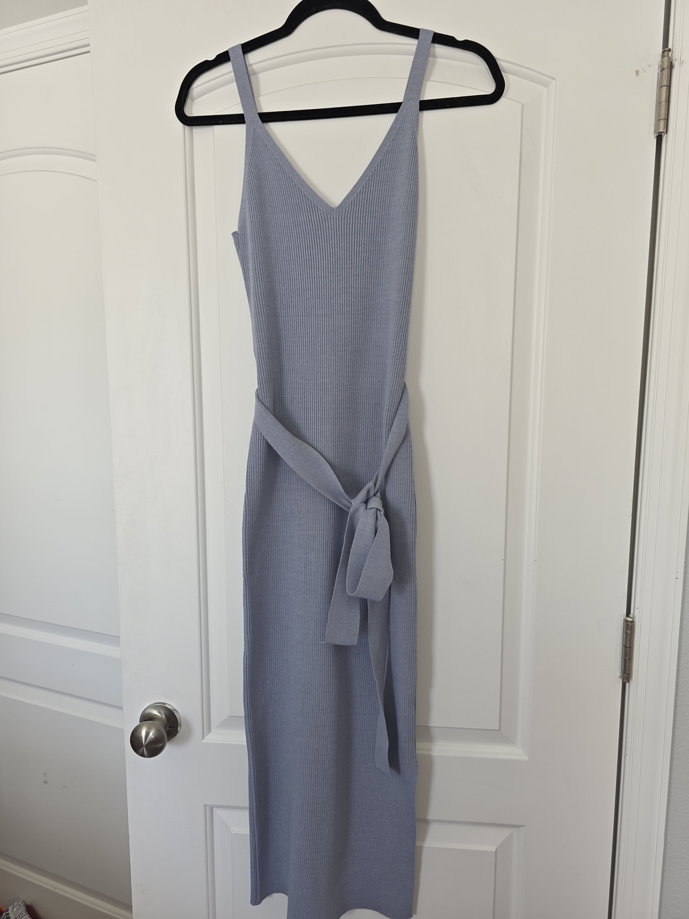Sleeveless V-Neck Knit Maxi Dress with Waist Tie in Light Blue